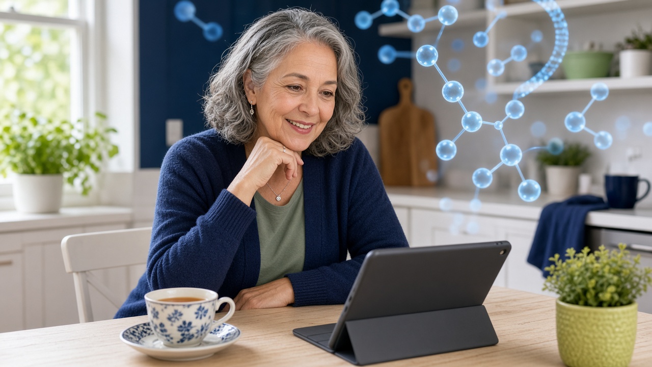 Smiling woman reading about carnosine on a tablet with a cup of tea
