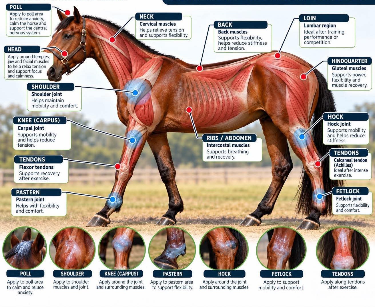 Chart of key horse muscles and joints where the Gel is applied